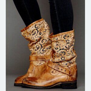 Free People Women's Lace Crochet Slouch Boots - Light Brown Tan (Size 36)